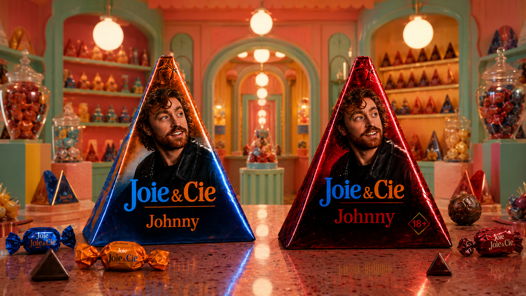 Les deux formats commerciaux Joy — emballage bleu générale et emballage rouge +18, avec Johnny en visage d'égérie