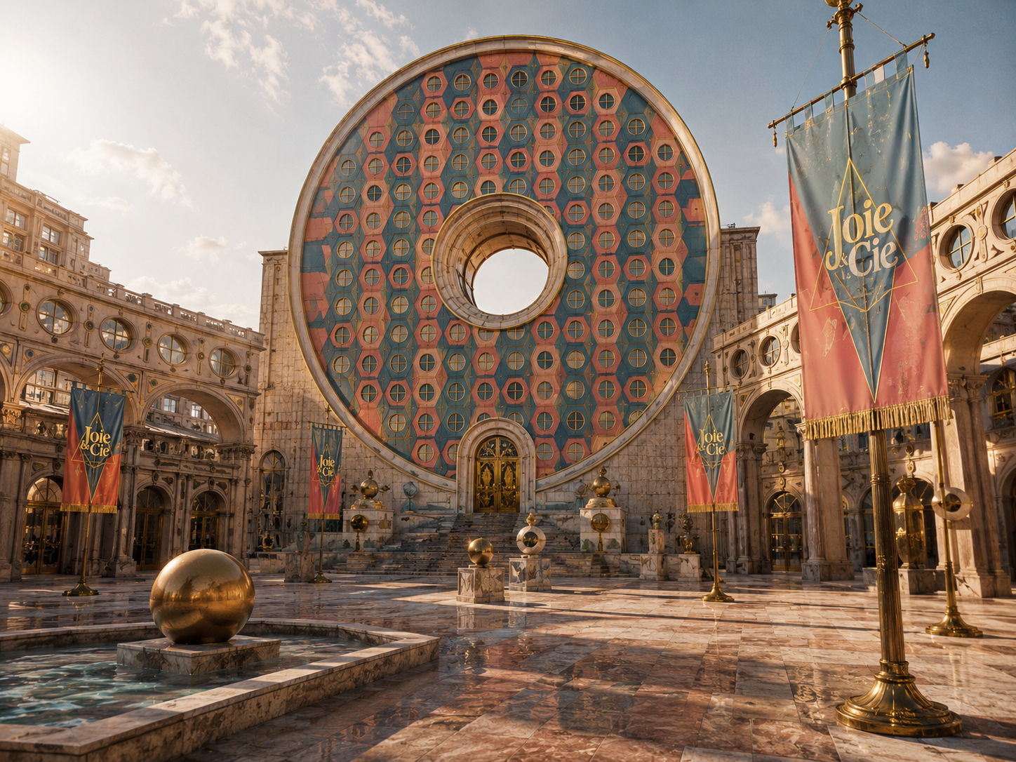 Intérieur du quartier d'élite — plaza Joie&Cie avec la grande rosette de pyramides, bannières et fontaine